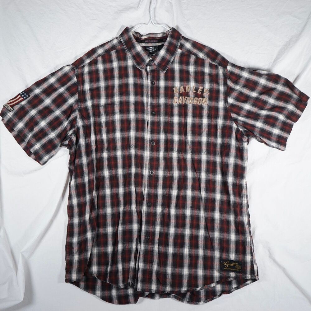 Harley Davidson Patch Logo Short Sleeve Button Up Shirt Red Plaid 2XL